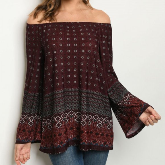 Burgundy print off shoulder top - Picture 1 of 4